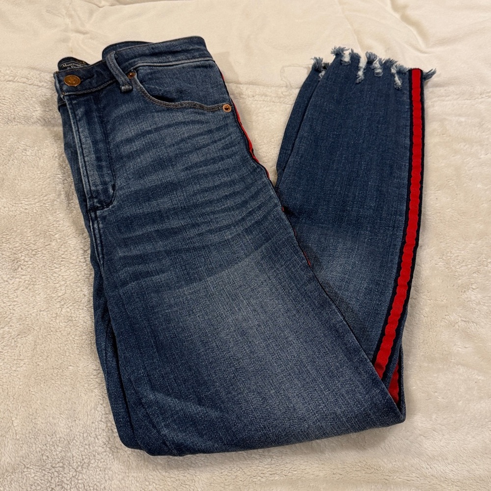 Abercrombie & Fitch Dark Blue High Rise Ankle Jeans with Red Side Stripe